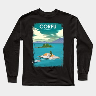 Corfu Greece Vintage Minimal Retro Travel Poster Long Sleeve T-Shirt